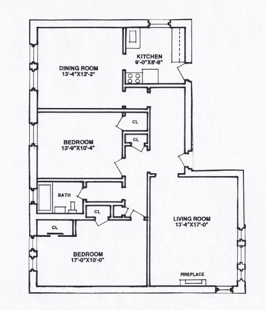 Floor plan for 2 beds, 1 bath, 987 sqft